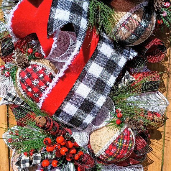 Christmas Wreath, Buffalo Check Burlap Wreath, Buffalo plaid Wreath, Farmhouse - Picture 2 of 6